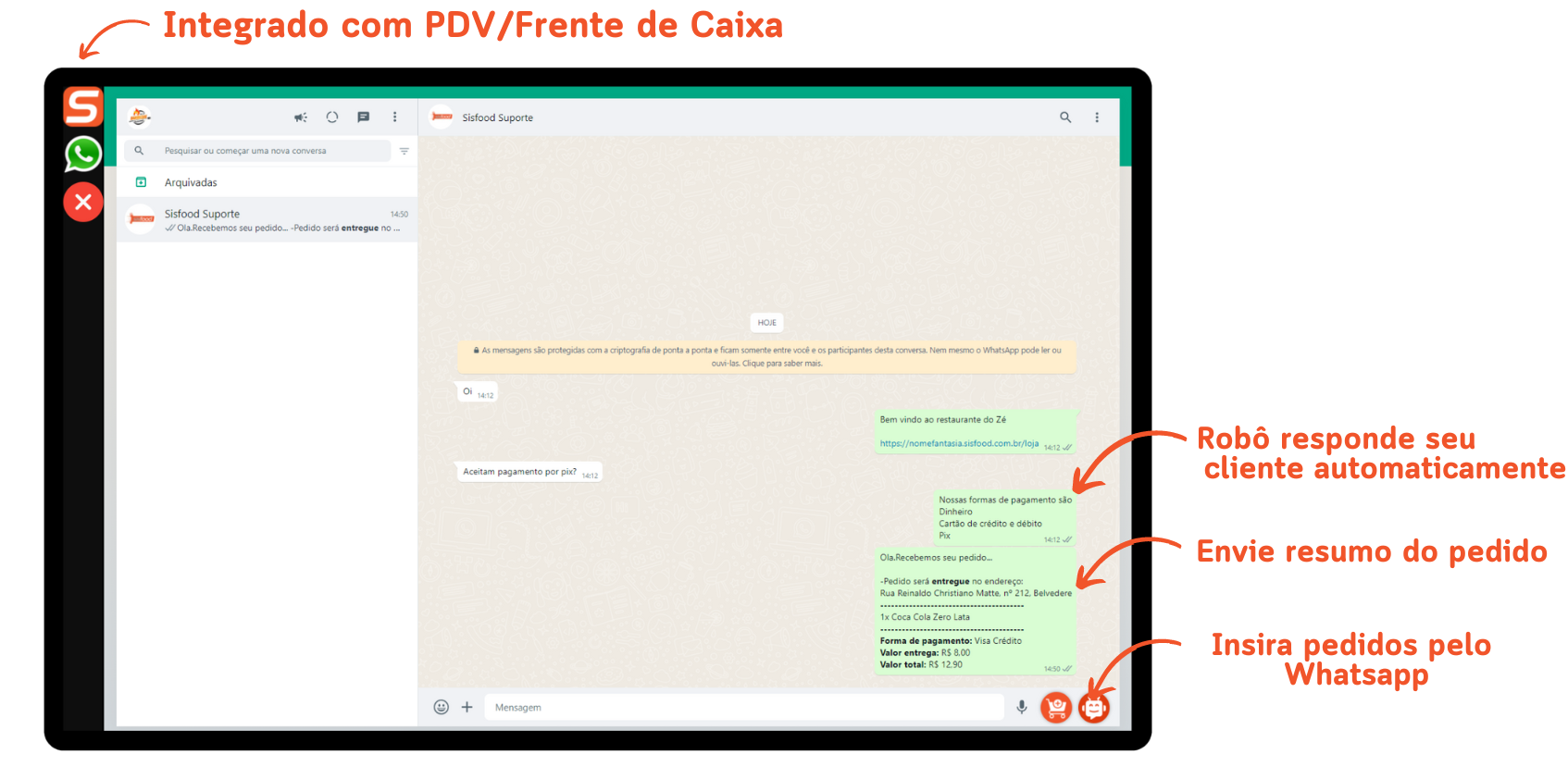 Sistema SISFOOD com WhatsApp Bot integrado ao PDV para restaurante