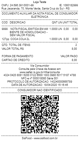 Nota fiscal automática para delivery NFCe