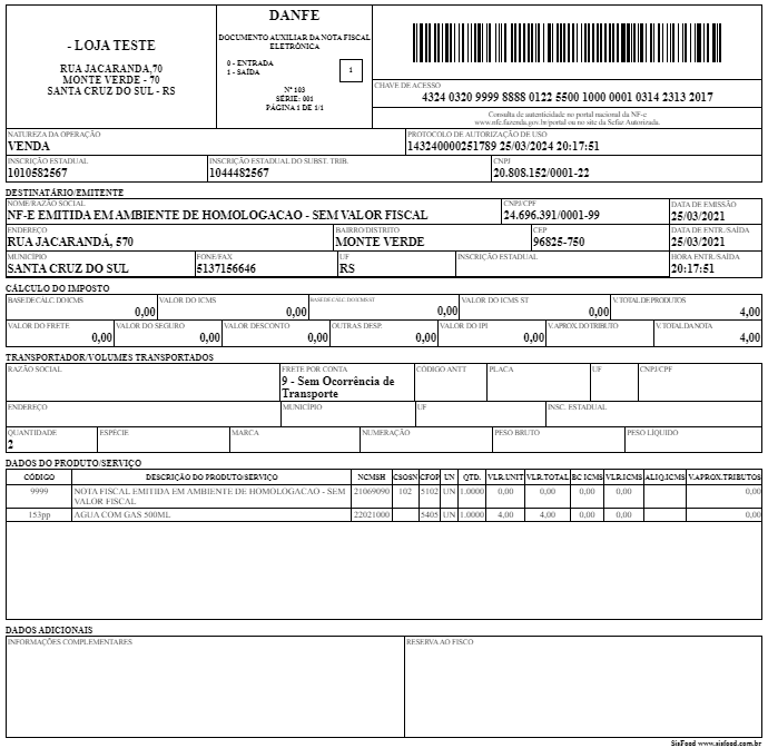 Exemplo de NF-e Nota Fiscal Eletrônica para restaurante B2B